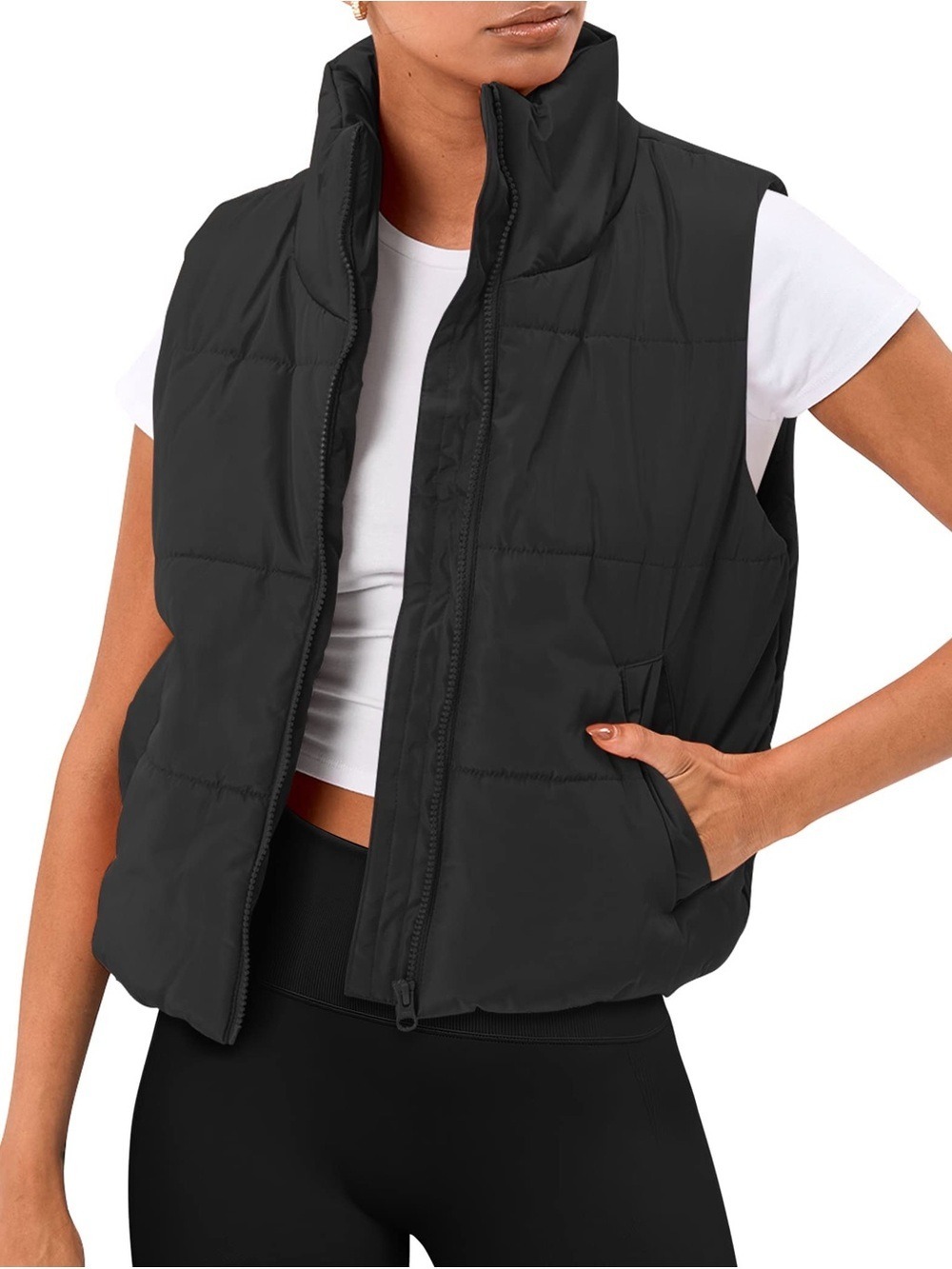 NWT Trendy Queen Women's Black Quilted Puffer Vest - Sleeveless Stand Collar